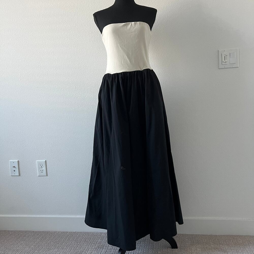 J Crew Strapless Mixy Dress Medium Natural Black Pockets Flaw
